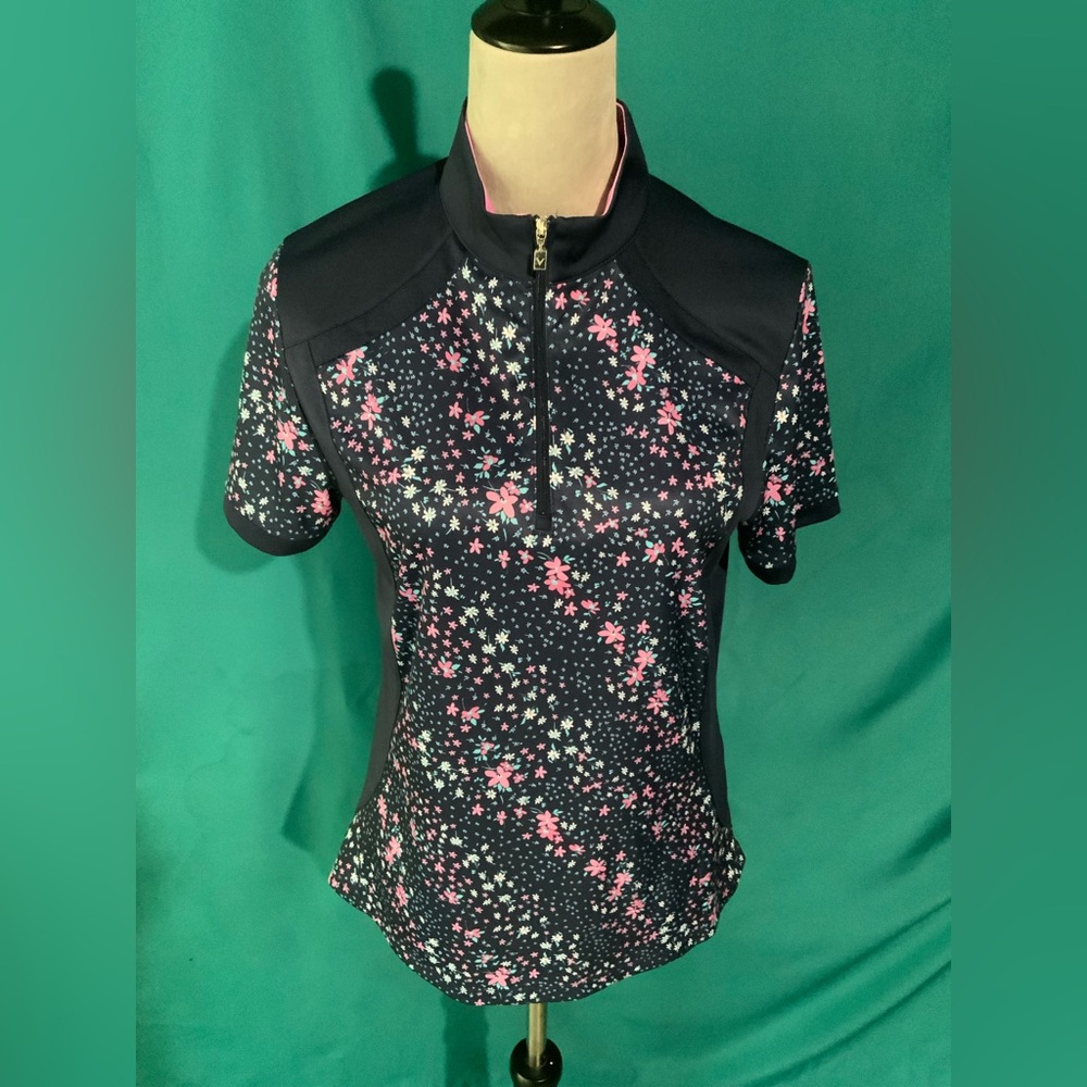 Callaway Women’s Navy Short-Sleeve Floral Quarter Zip Golf Polo, NWOT